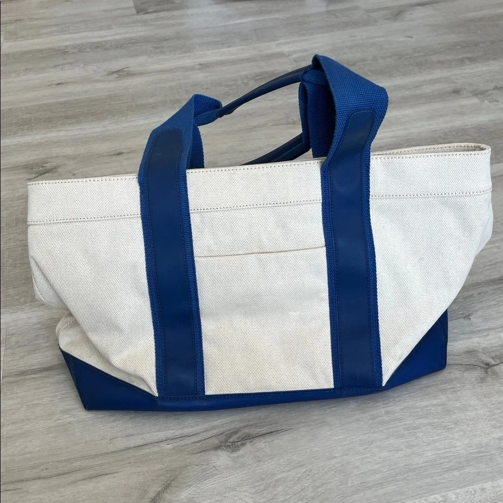 Tory Burch Large Ivory Canvas & Blue Vinyl Shoulder Beach Tote Bag Handbag - Picture 2 of 15